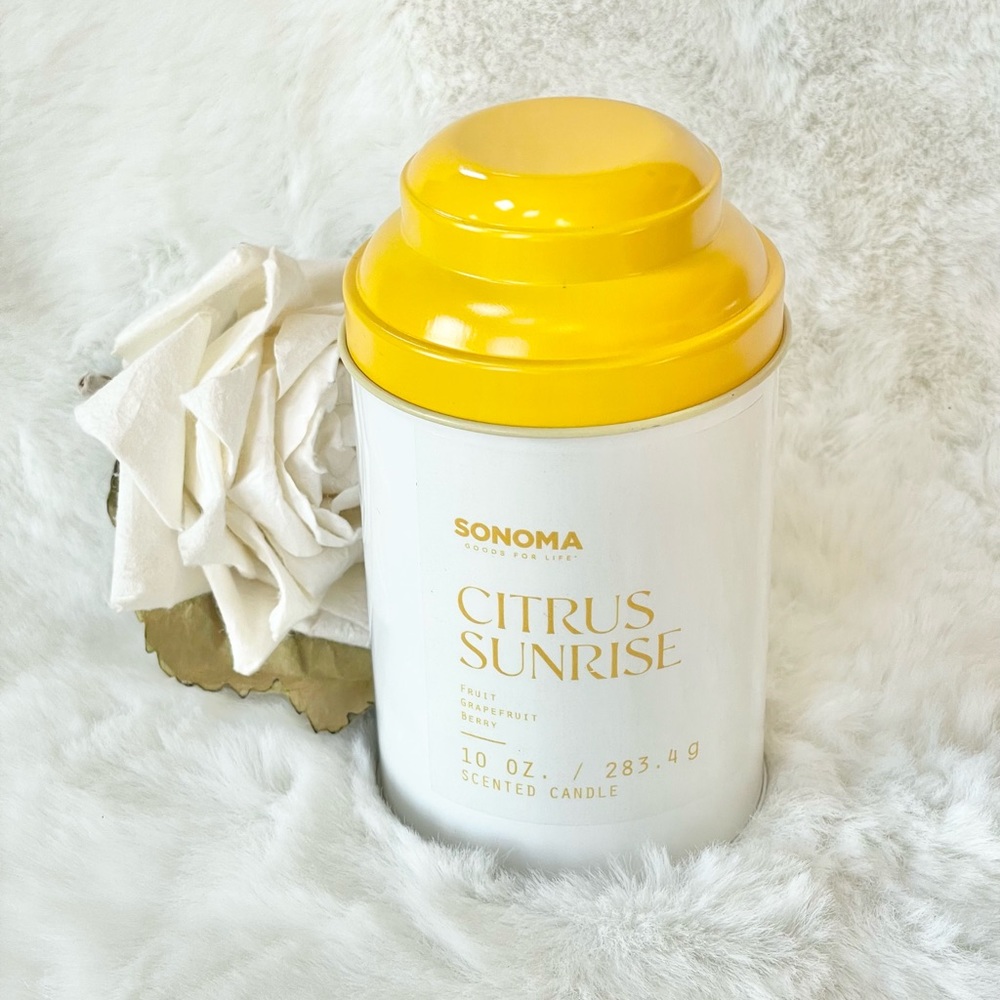 NWT  SONOMA CITRUS SUNRISE CANDLE IN A CAN 10oz smells AMAZING! grapefruit,berry